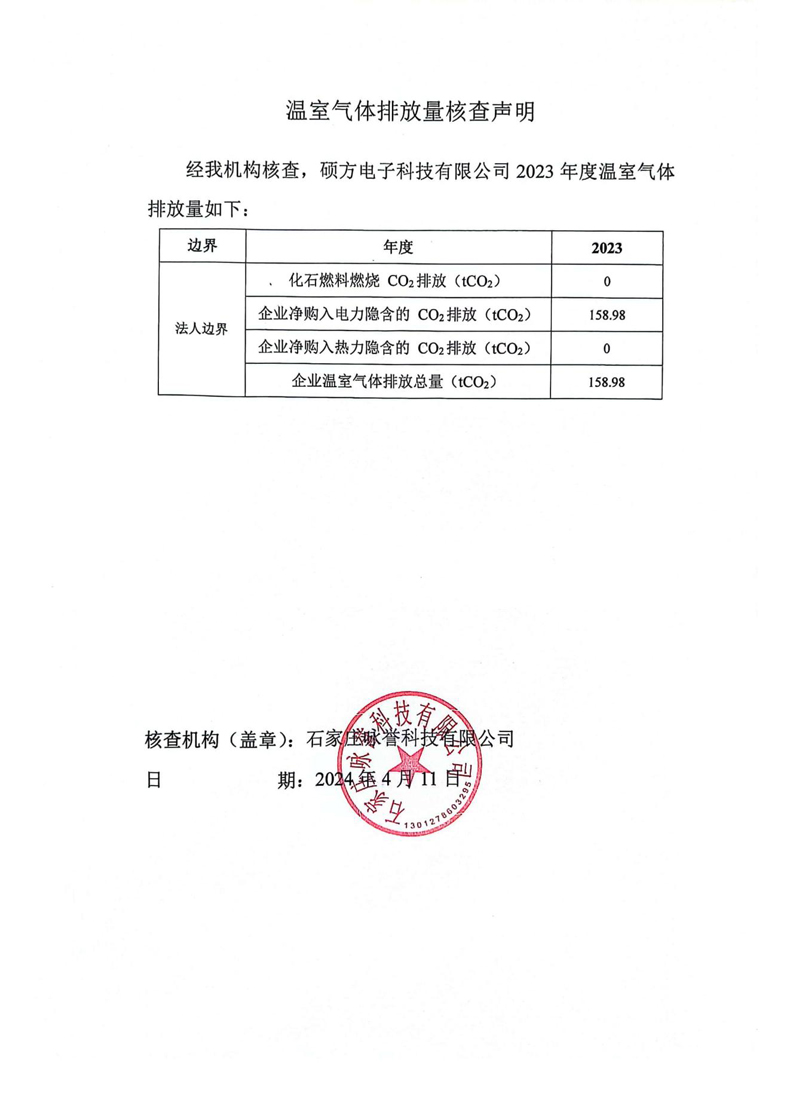 硕方电子科技有限公司2023年度温室气体排放核查声明